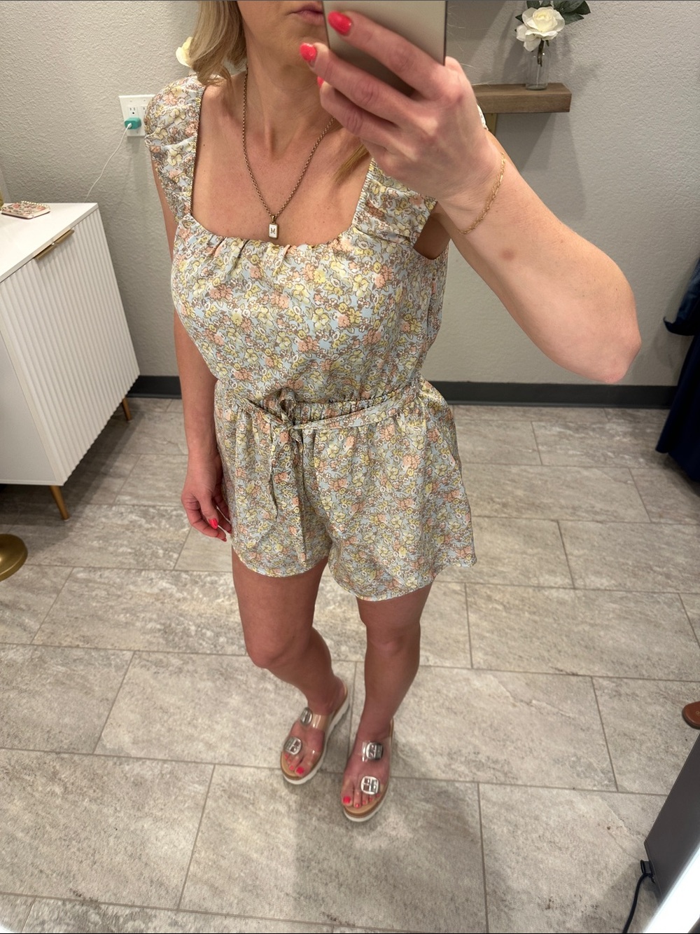 Altar'd State Pastel Floral Tie-Waist Romper - Picture 3 of 5